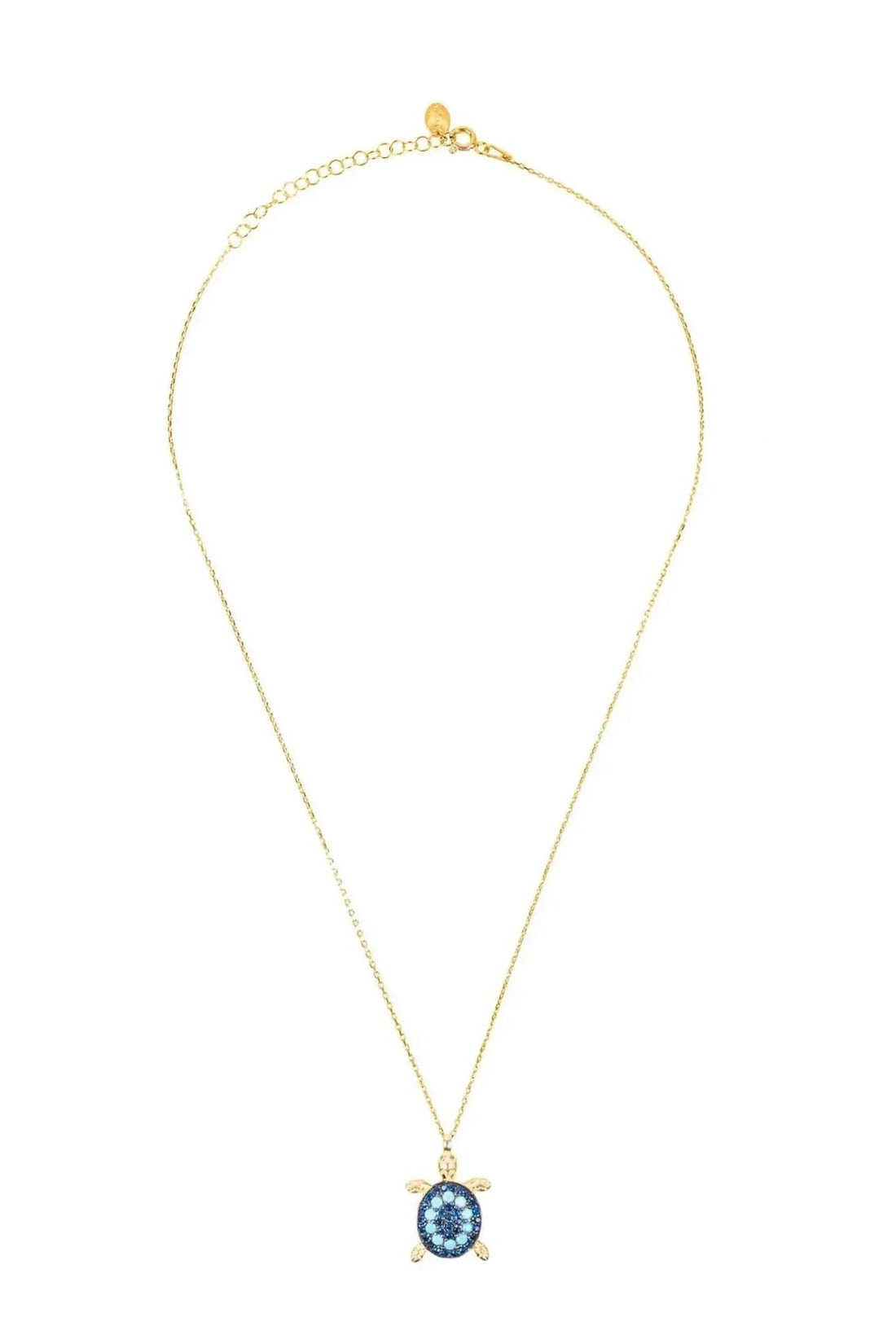 Gold-tone pendant necklace with blue turtle charm at center on thin chain