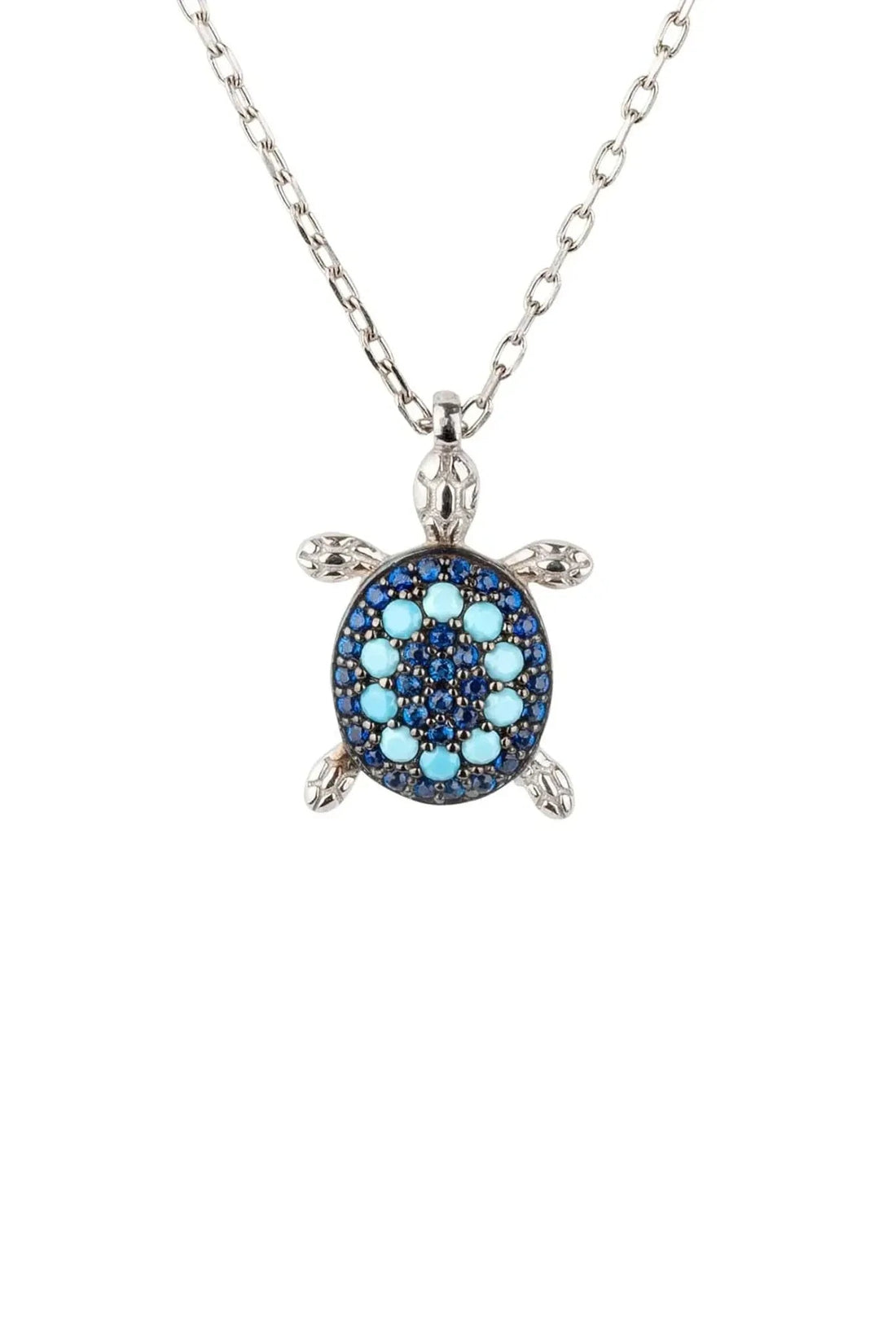 Silver turtle pendant necklace with turquoise blue enamel shell on chain