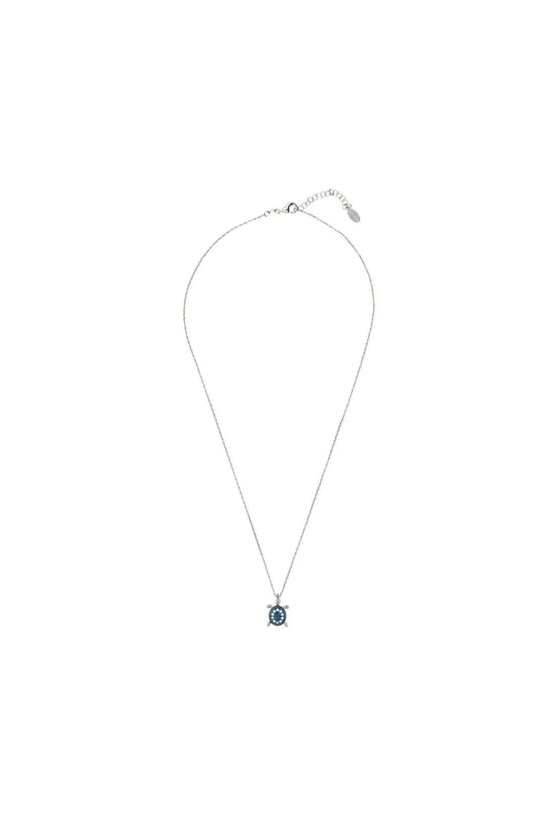 Silver turtle charm pendant on thin chain with blue enamel shell