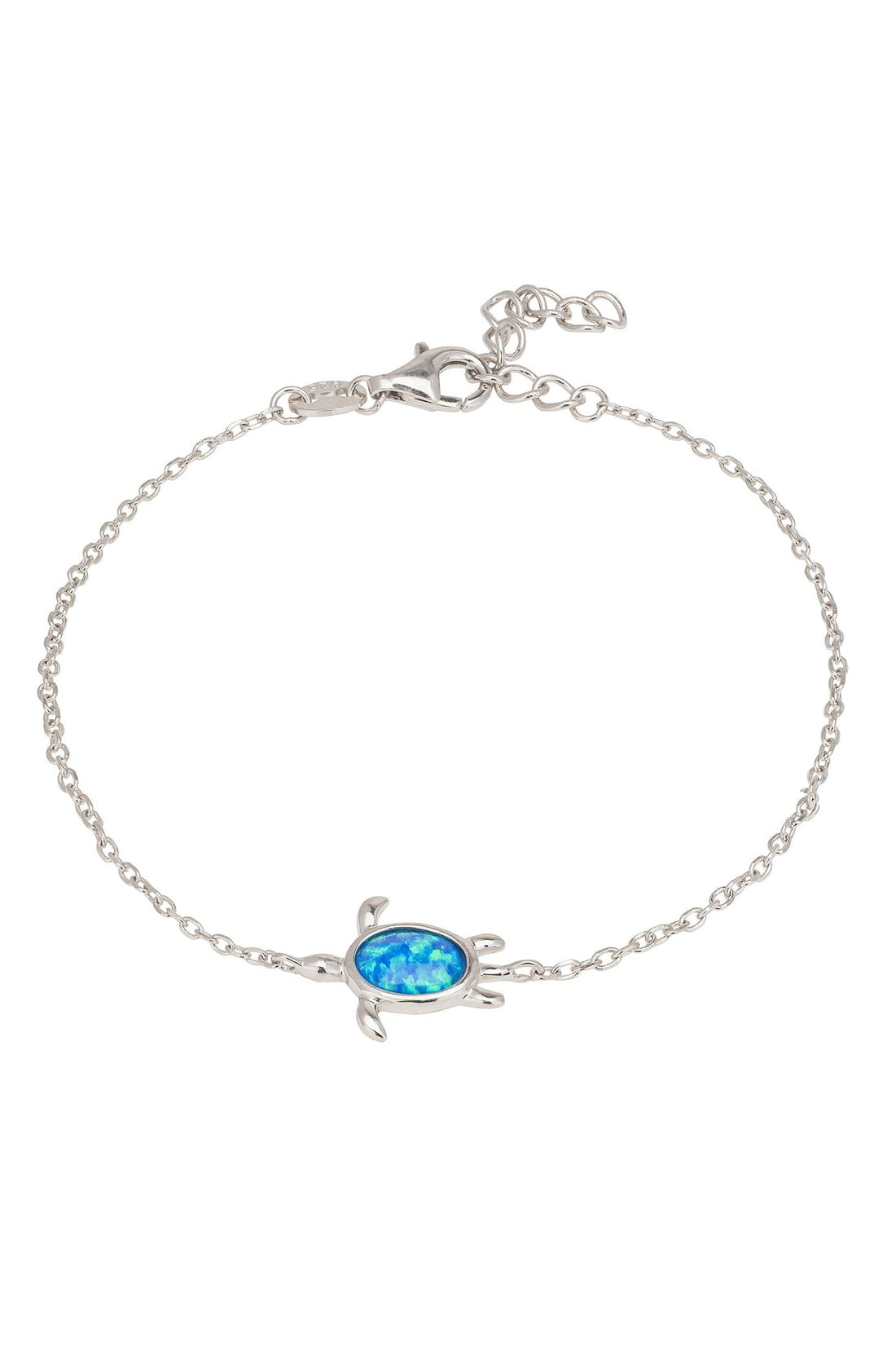 Silver-tone turtle charm opalite bracelet with blue oval center stone