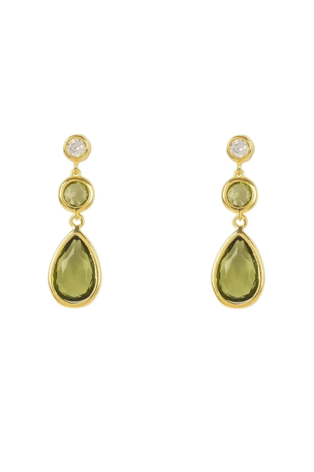 Gold-tone peridot drop earrings with round and teardrop green gemstones