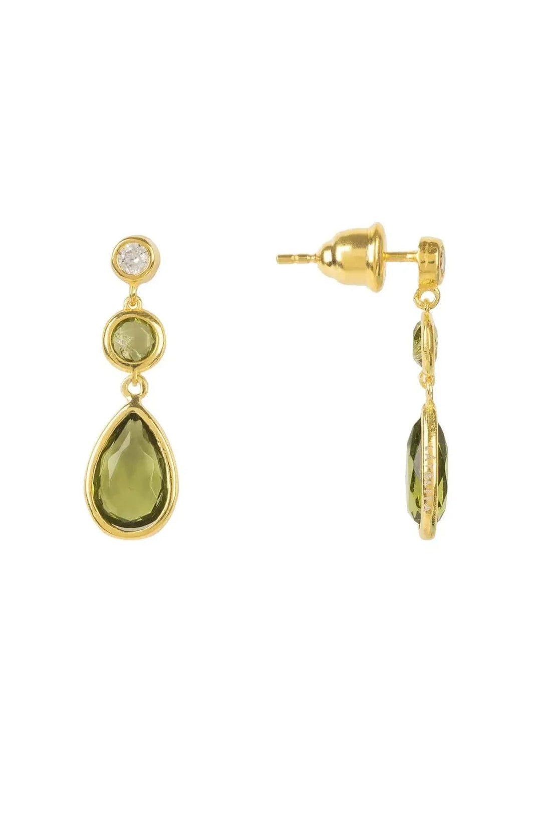 Gold-tone peridot drop earrings, round stones above teardrop green gemstones