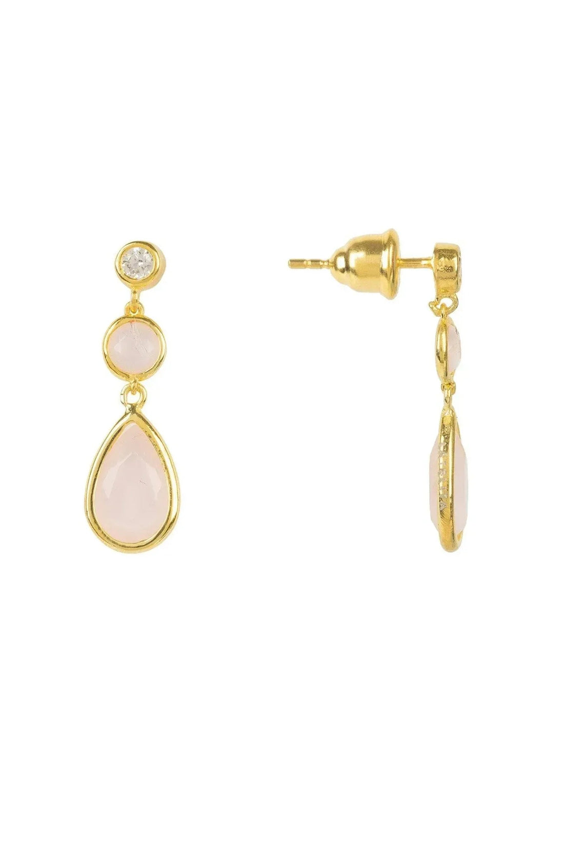 Gold-tone drop earrings with round stud and hanging pink teardrop gemstone