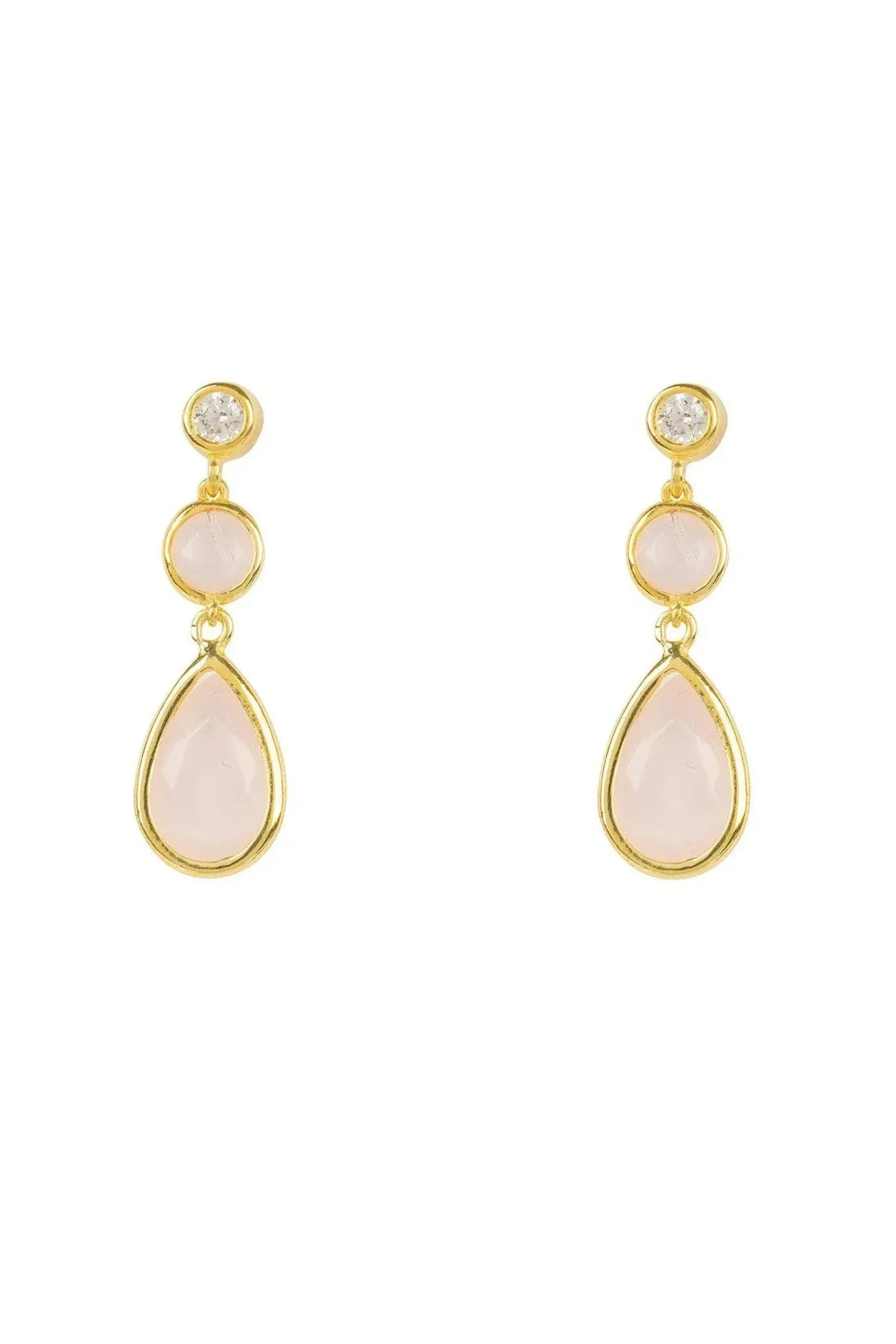 Gold-tone drop earrings with pink teardrop gemstones and round top stones