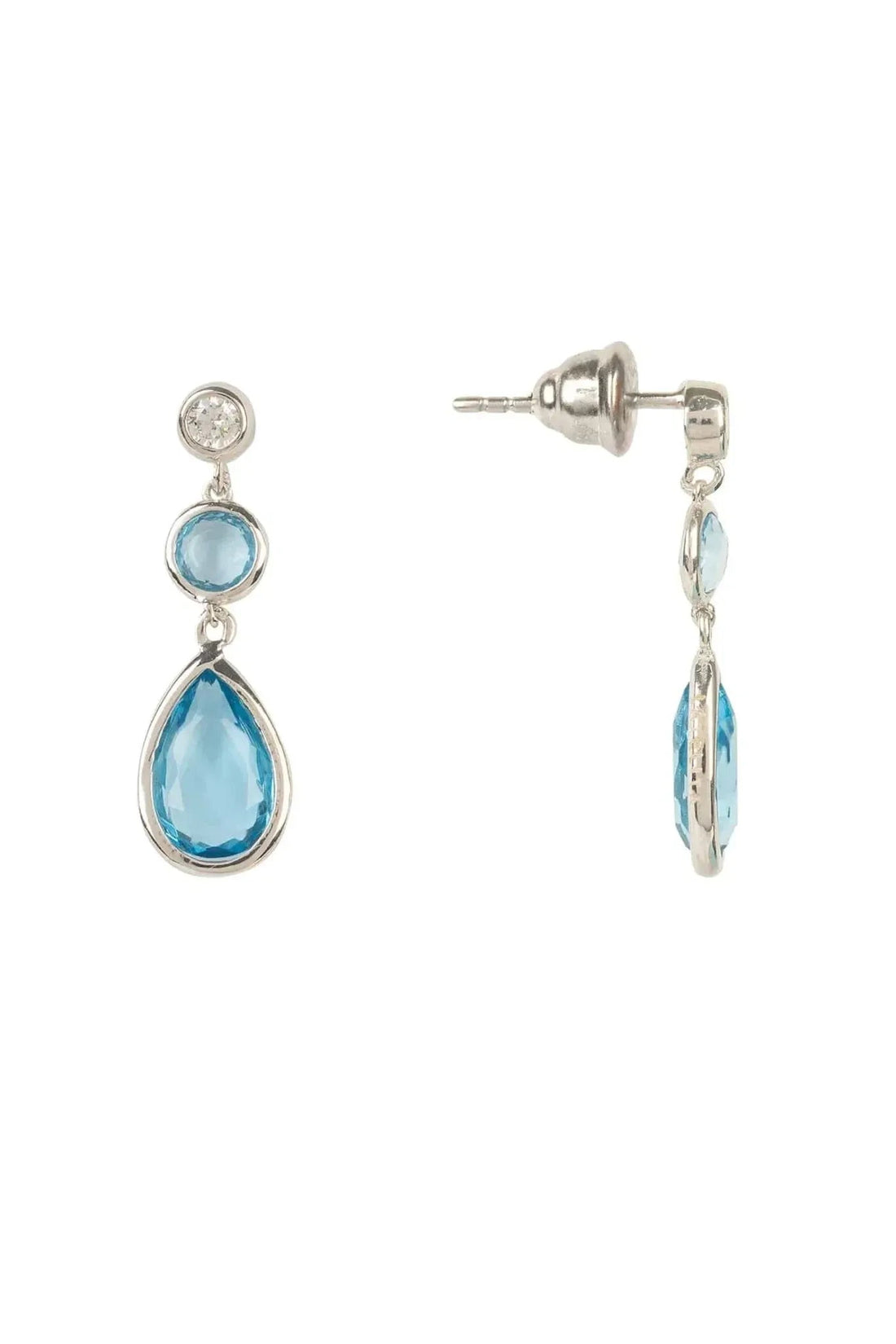 Silver drop earrings with blue teardrop gemstone and dangling round stone