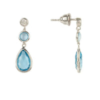 Silver drop earrings with blue teardrop gemstone and dangling round stone