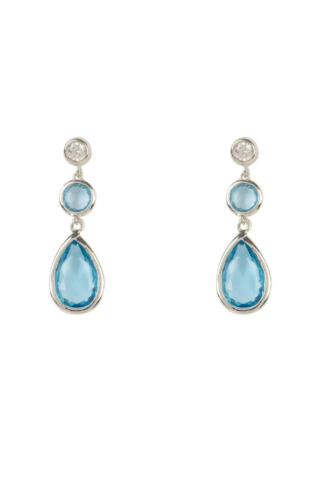 Silver drop earrings with blue teardrop gemstones and round top stones