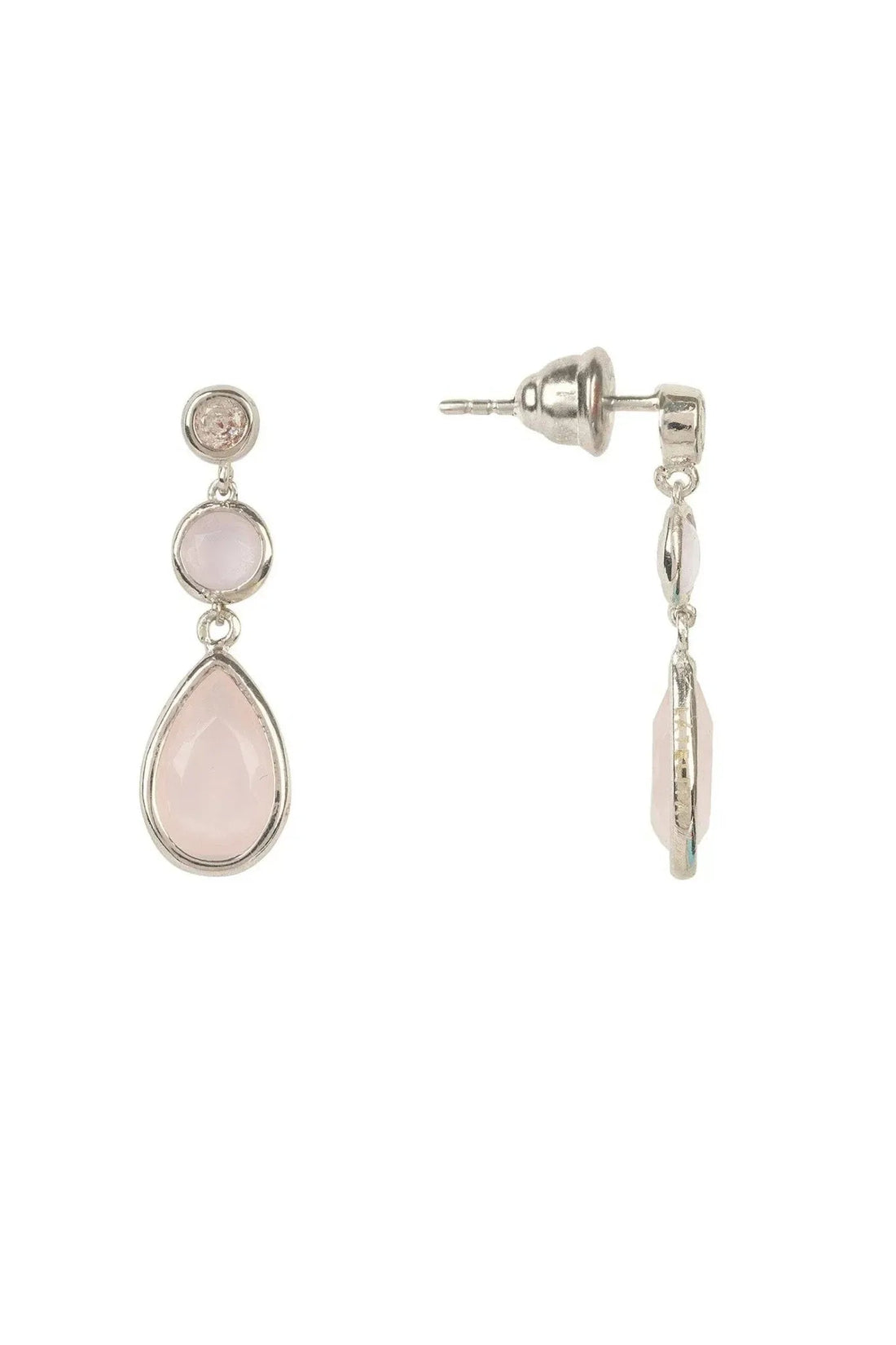 Silver rose quartz drop earrings with dangling teardrop charm