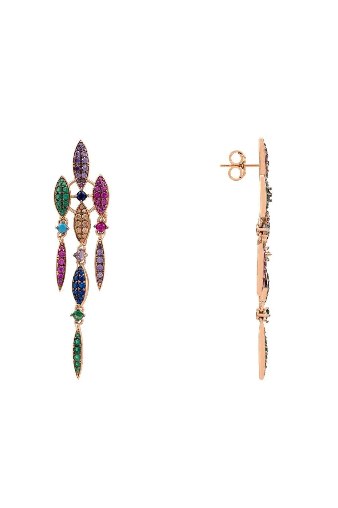Side view of rose gold rainbow crystal chandelier earrings
