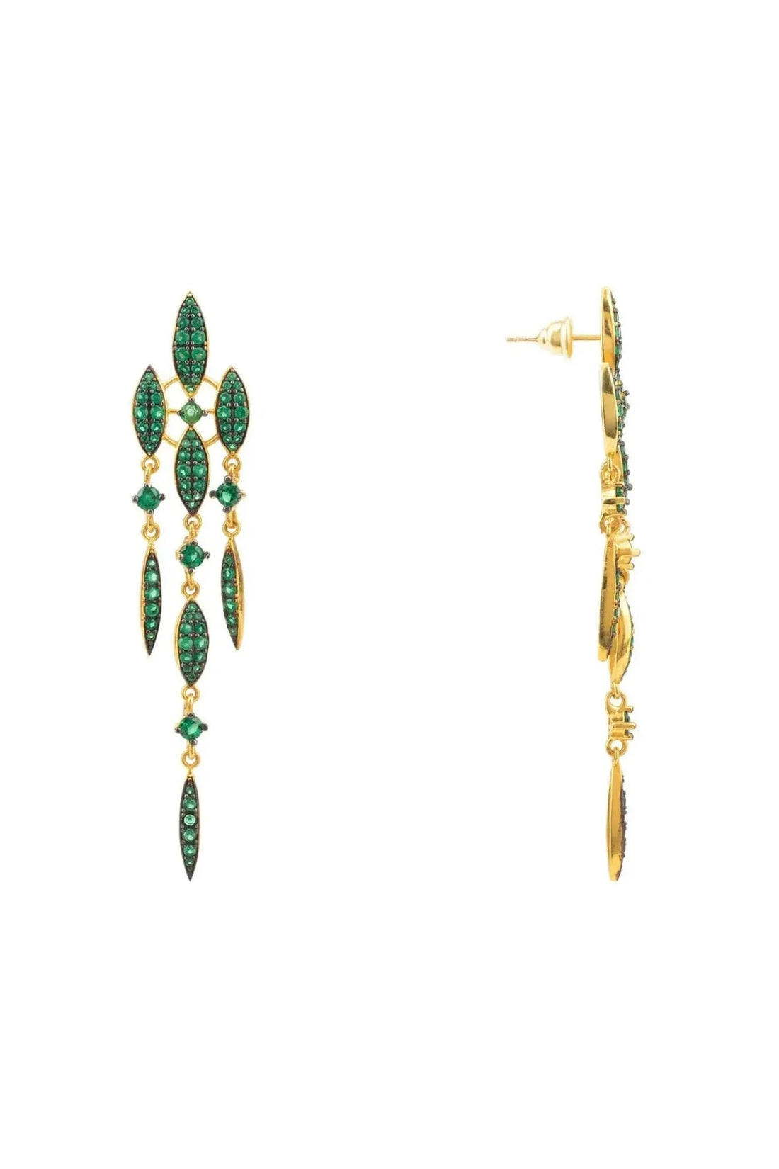 Gold-tone drop earrings with emerald green CZ stones, shown from side