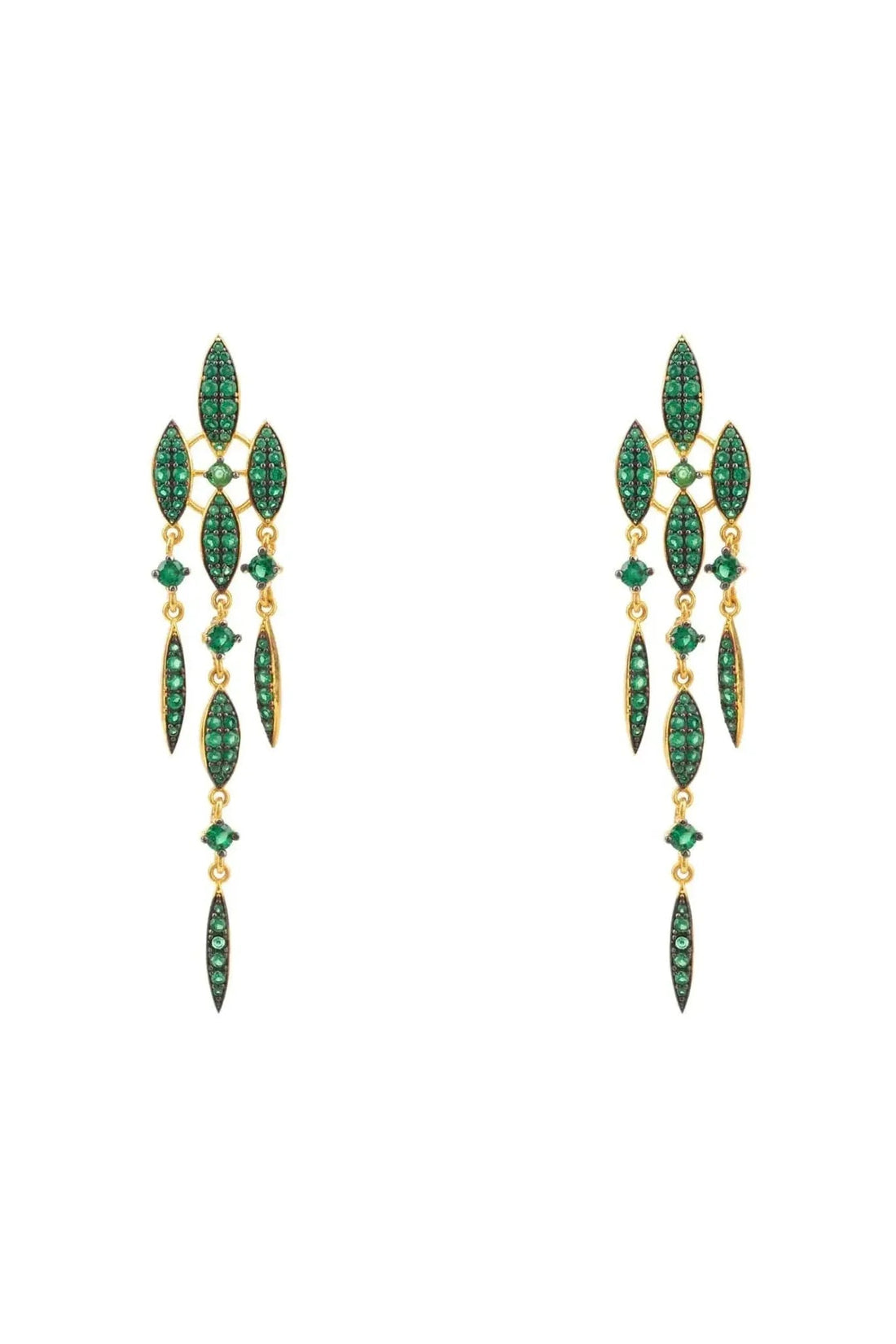 Gold-tone drop earrings with emerald green oval and teardrop CZ stones