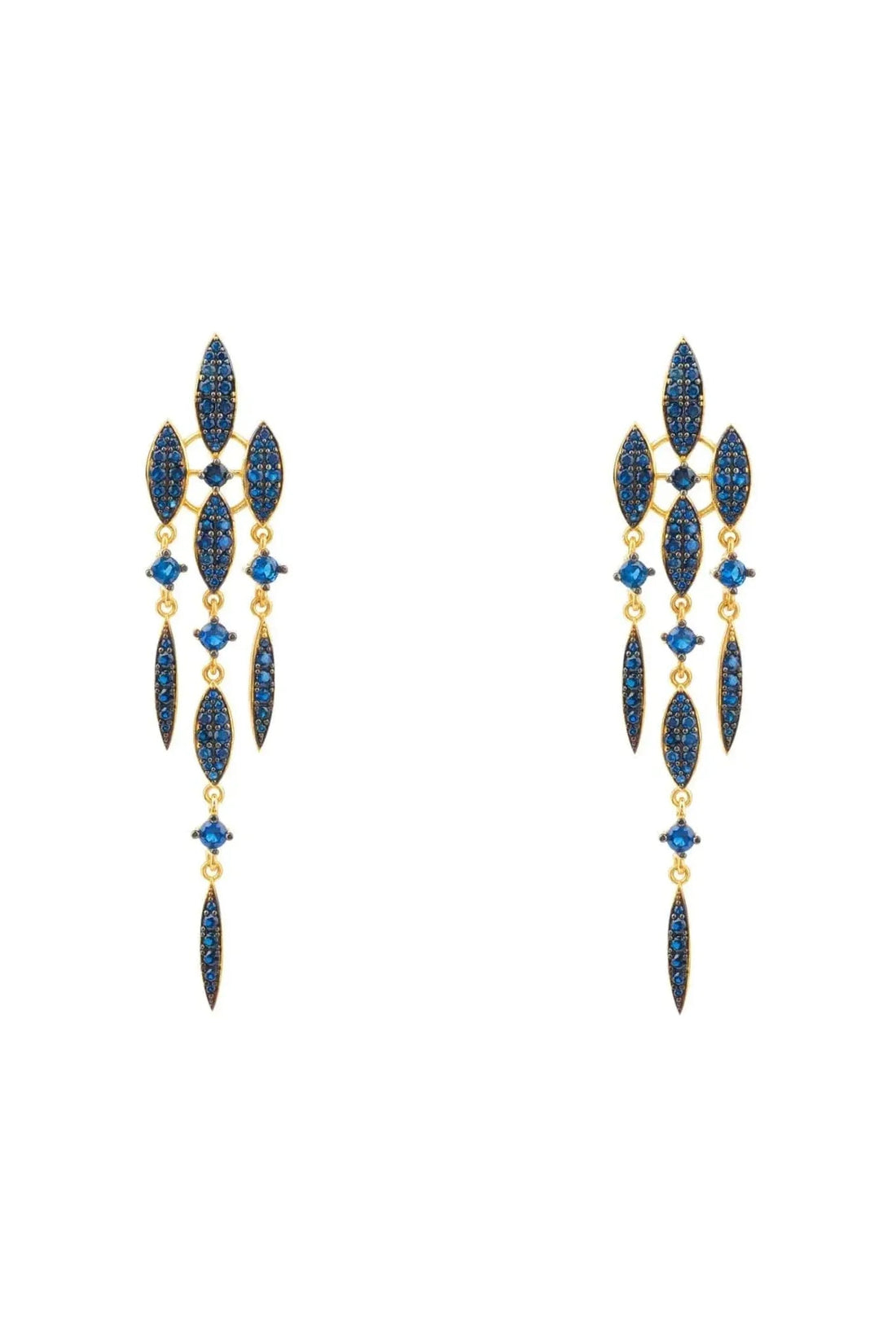 Gold-tone sapphire-blue CZ drop earrings with teardrop clusters