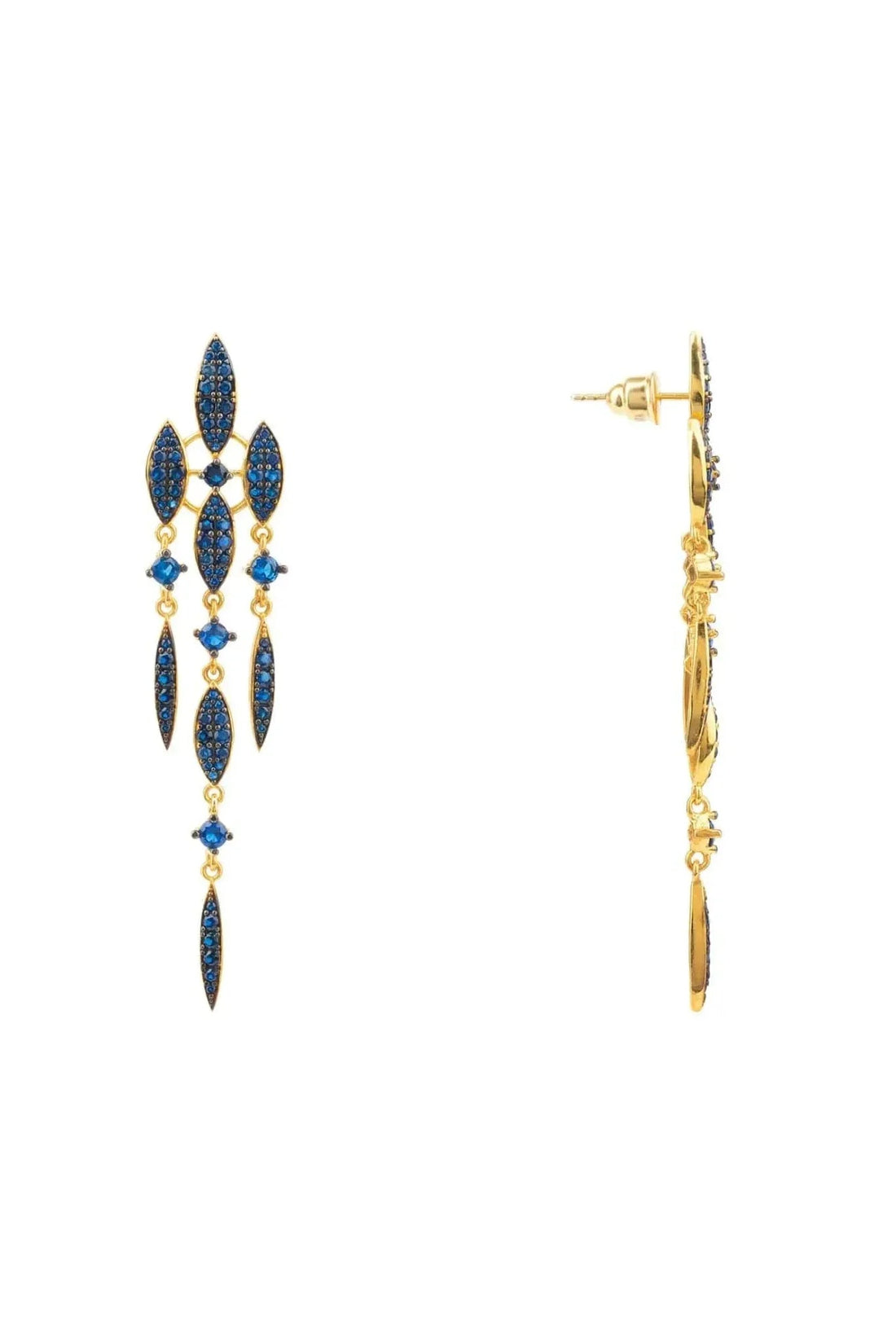 Gold-tone sapphire-blue CZ drop earrings, side view