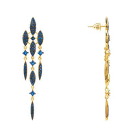 Gold-tone sapphire-blue CZ drop earrings, side view