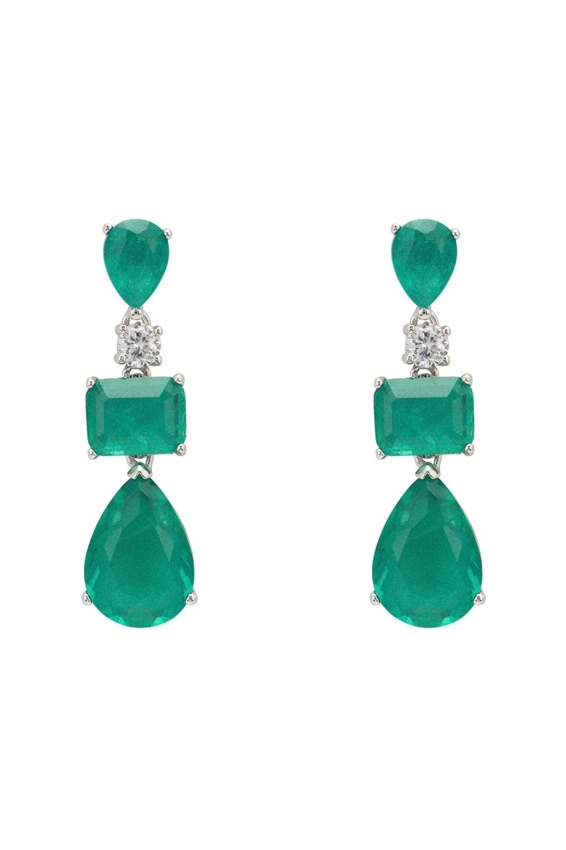 Silver drop earrings with green teardrop, rectangular, and oval stones and clear accents