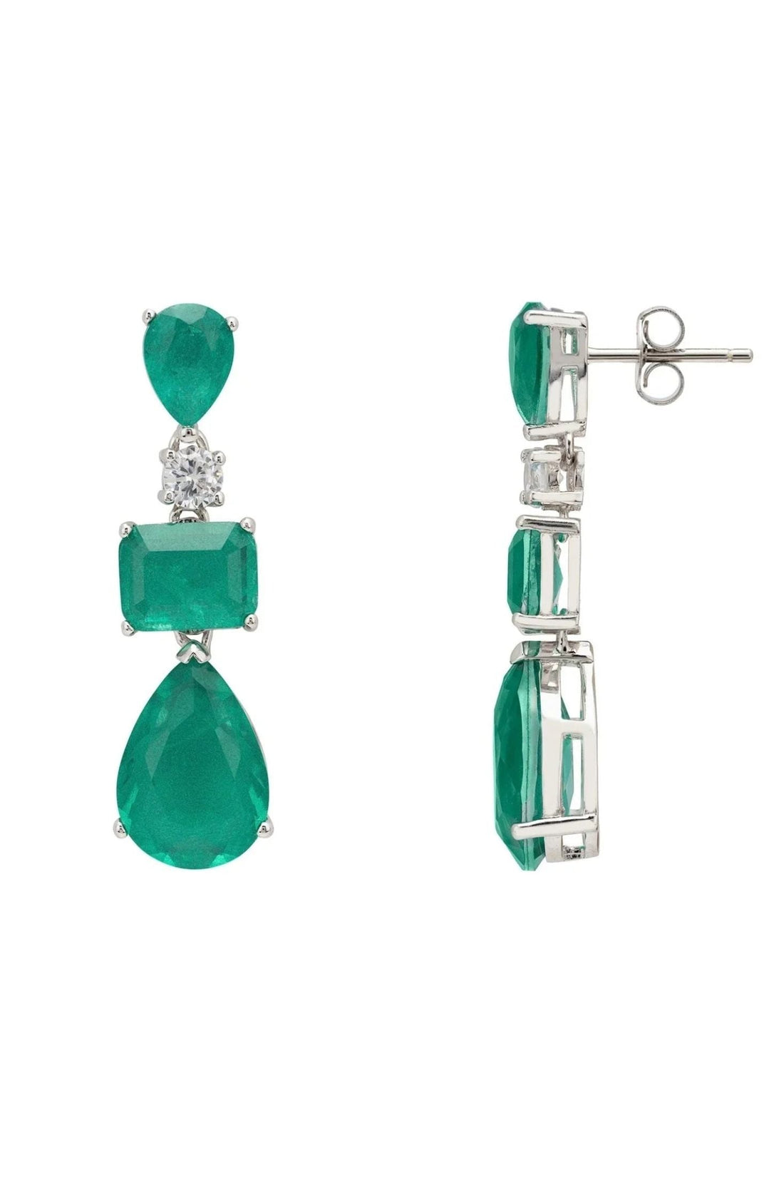 Silver drop earrings from the side with green rectangular and teardrop stones