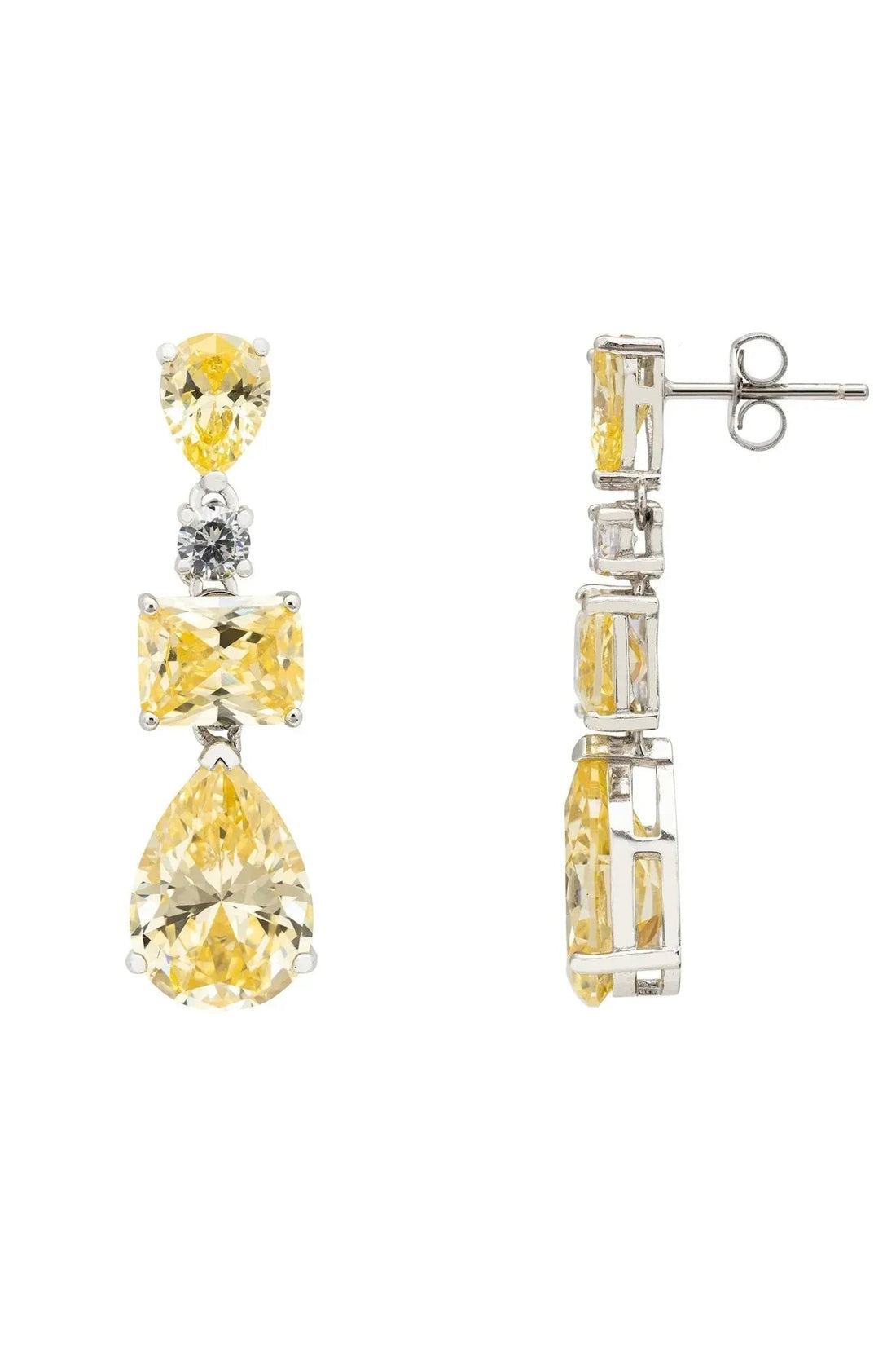 Silver drop earrings with three faceted yellow topaz stones and dark center