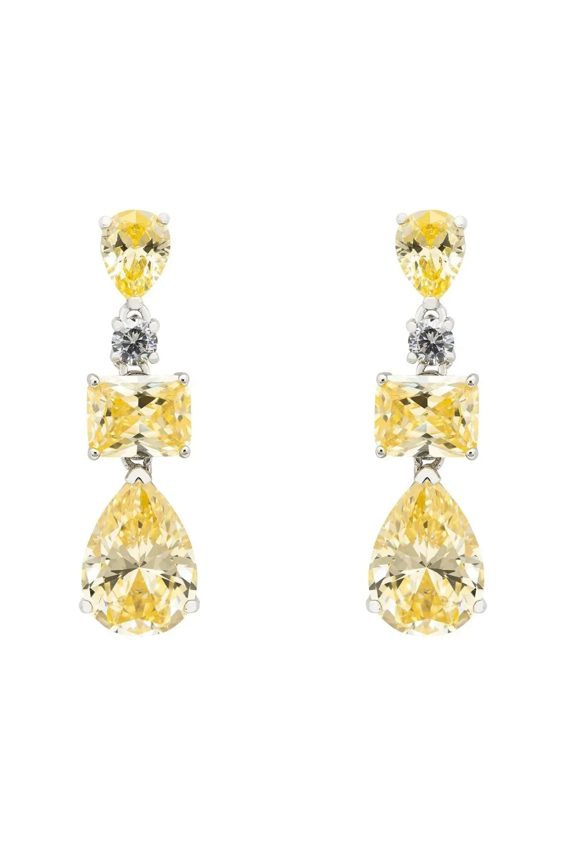 Silver drop earrings with yellow topaz and small dark stones, teardrop dangles