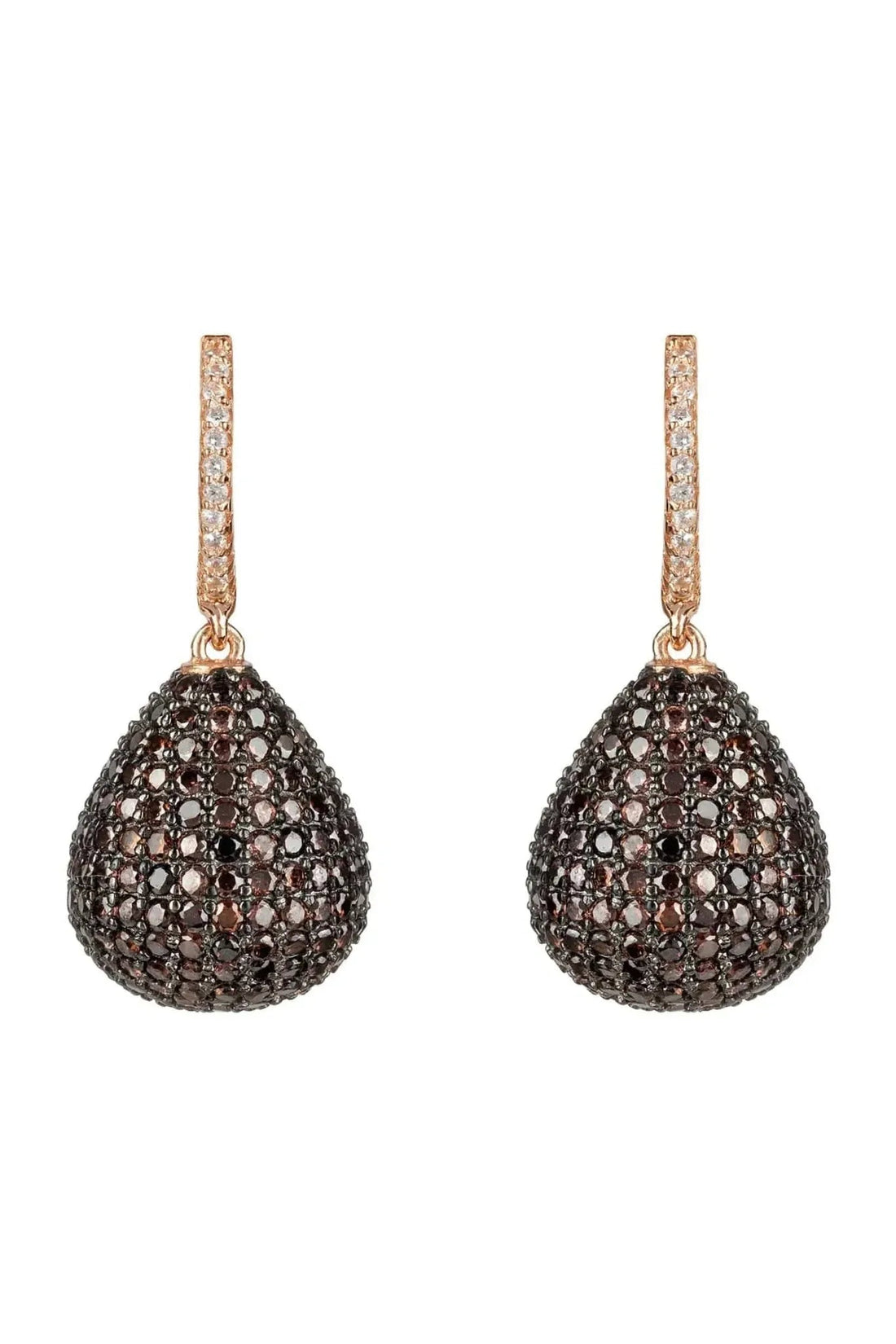Valerie rose gold pear drop earrings with chocolate cubic zirconia pavé