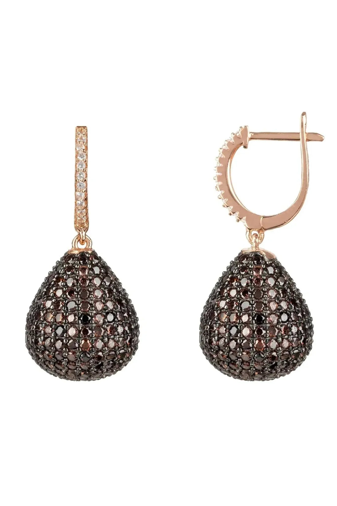 Pair of rose gold teardrop earrings with chocolate pavé gemstone drops