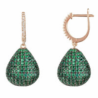 Rose gold pear drop gemstone earrings with emerald green stones