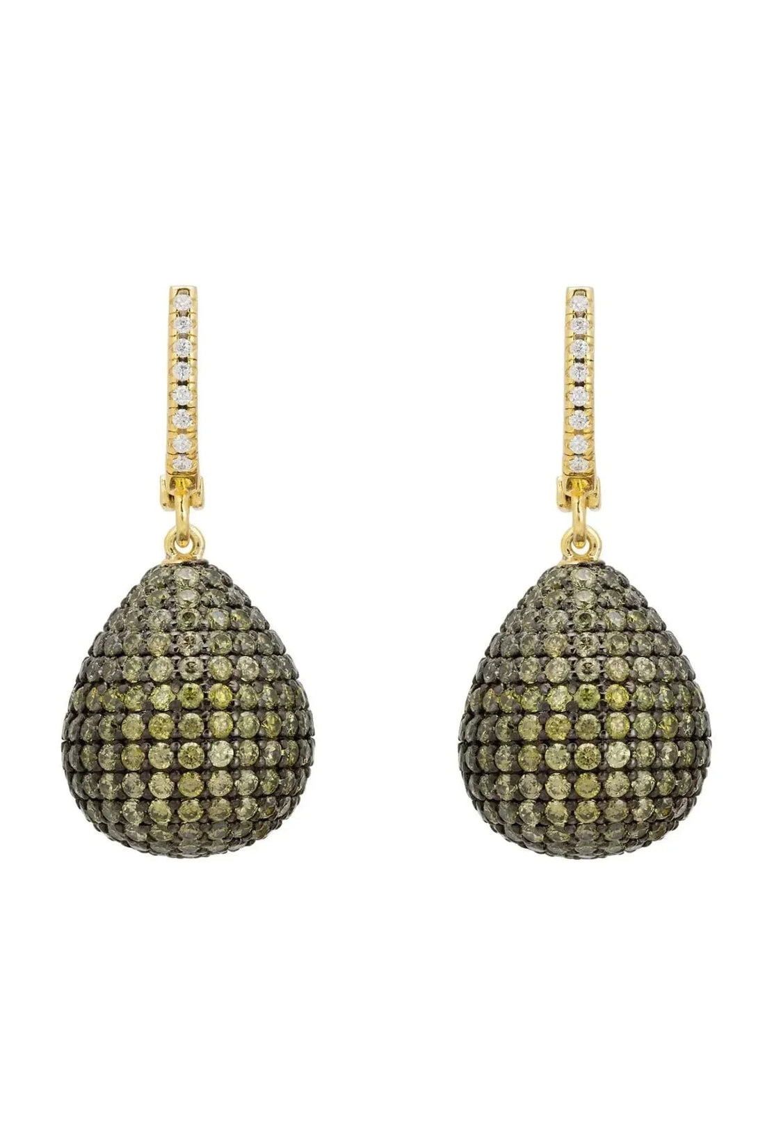 Gold drop earrings with pavé teardrop pendants set with green gemstones