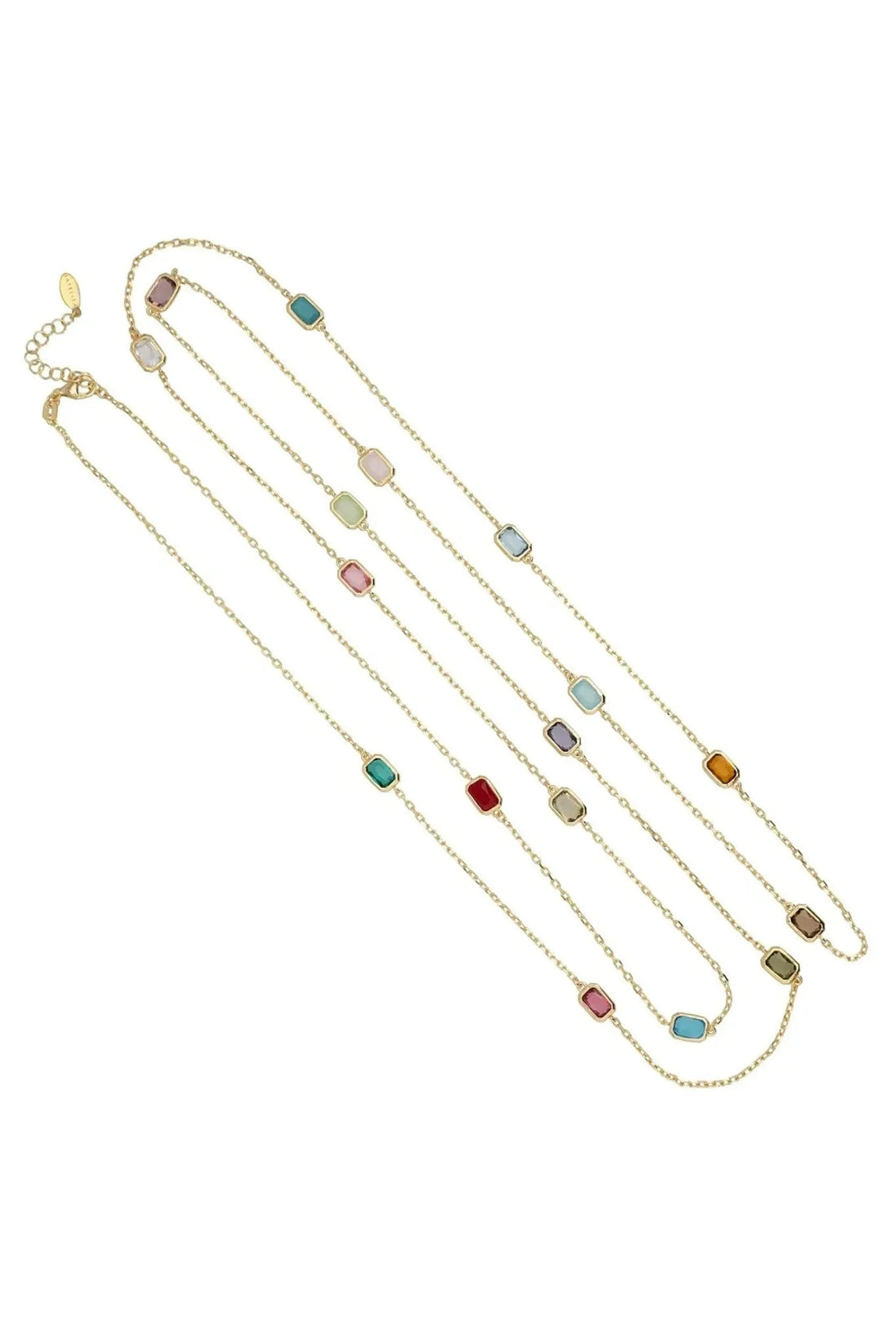Gold 120cm rainbow bead necklace with multicolor gemstone-style charms