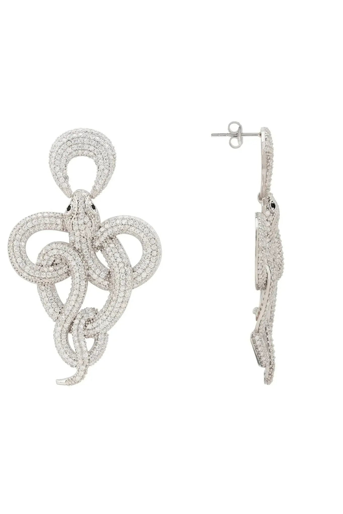 Silver rhinestone drop earrings side view with dangling braided knot loops