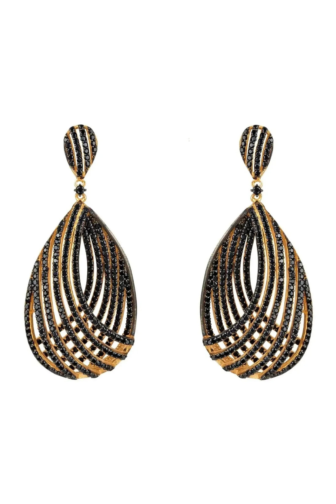 Black CZ teardrop chandelier earrings with gold-toned outlines, oval hoop drop
