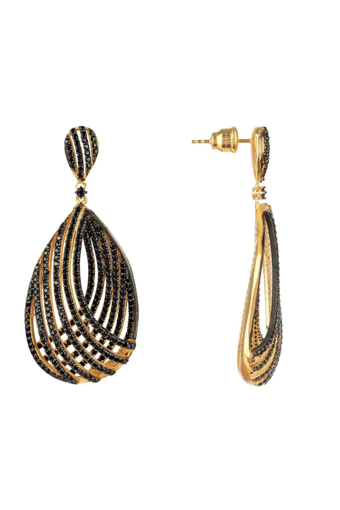 Black CZ teardrop earrings, one shown from back with gold-tone post