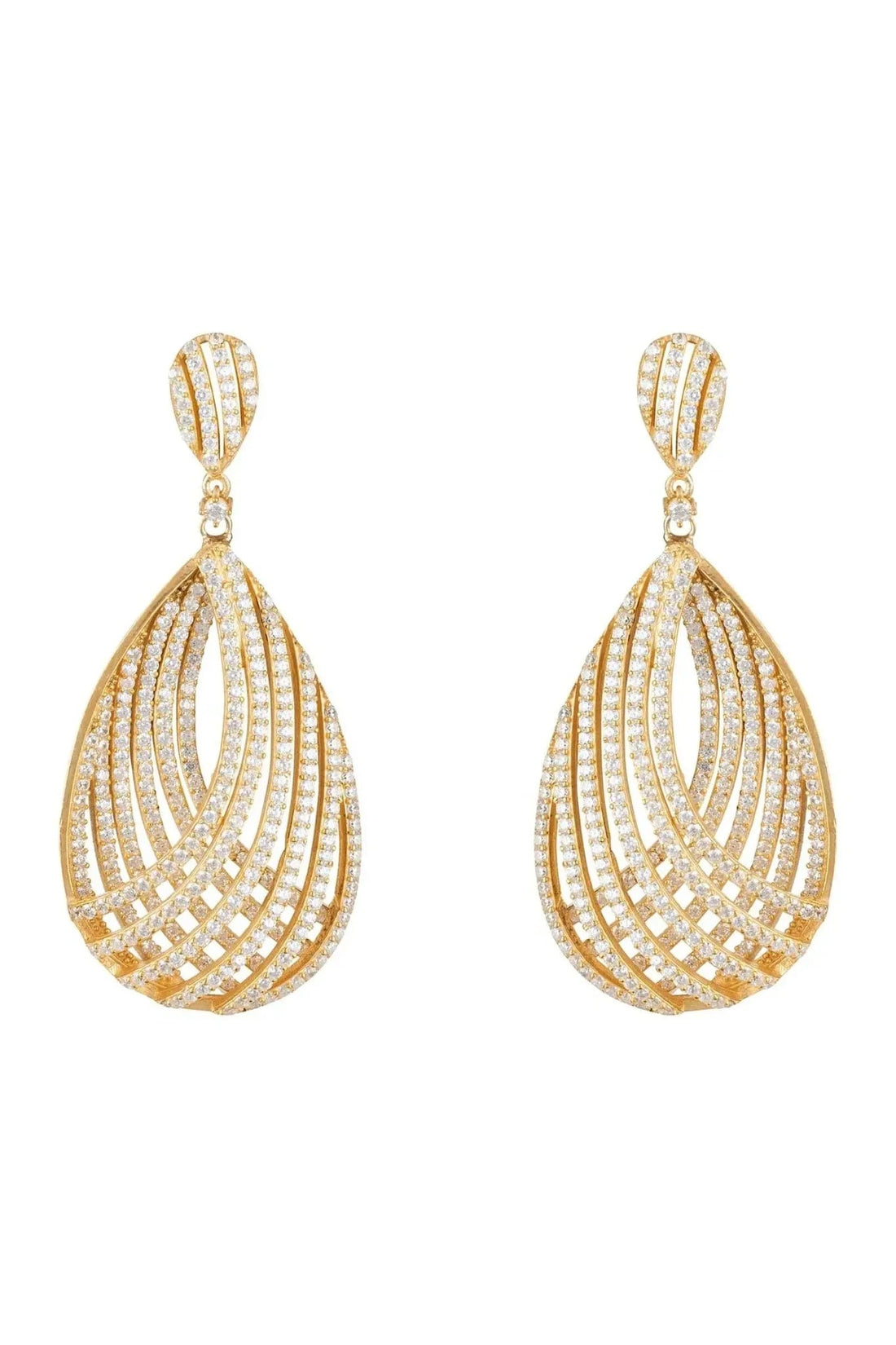 Gold teardrop earrings with pavé-set openwork drop design