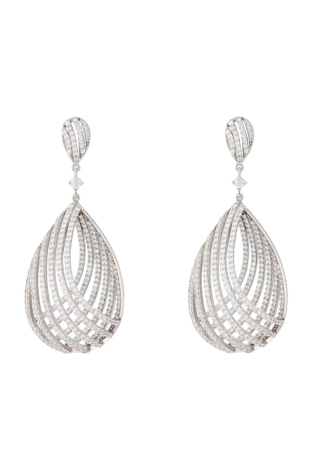Silver teardrop earrings with pavé crystal lattice drop design
