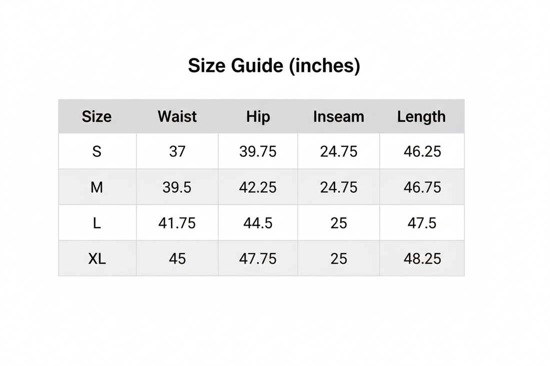 Size guide table for inches measurements, with size, waist, hip, inseam, and length
