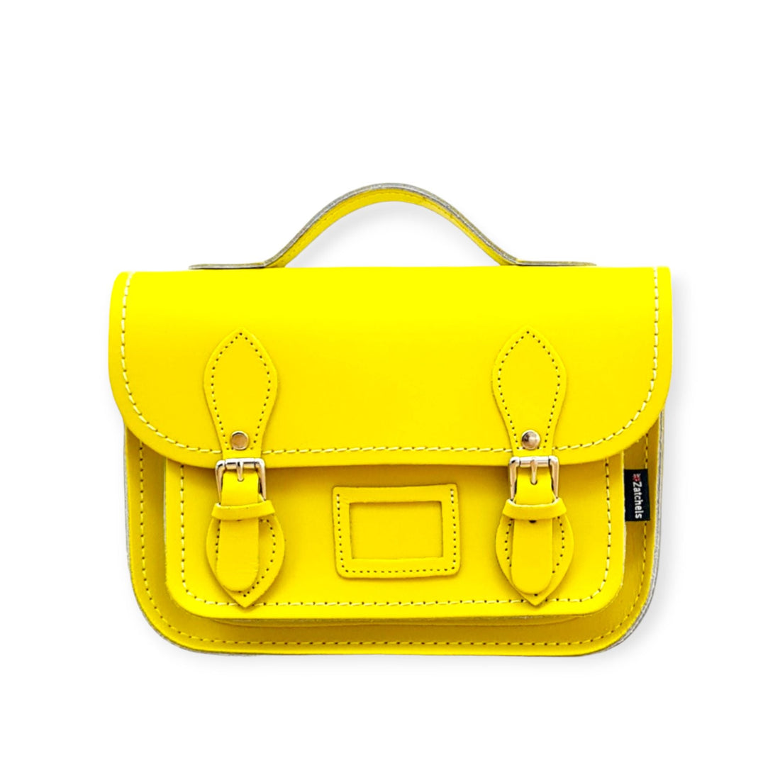 Pastel yellow leather midi satchel with front flap and two front buckles