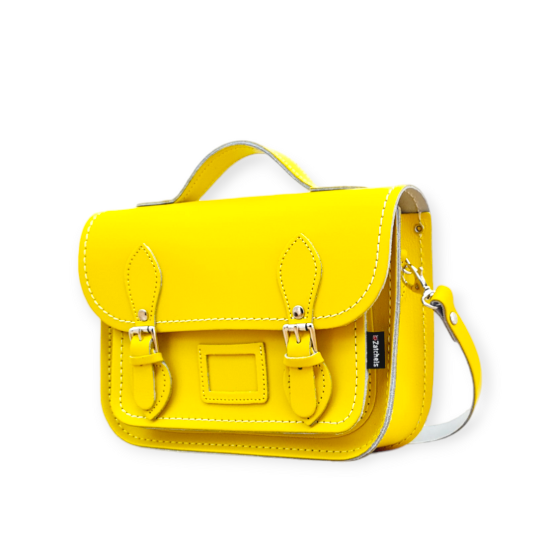 Pastel yellow leather midi satchel with front flap and crossbody strap