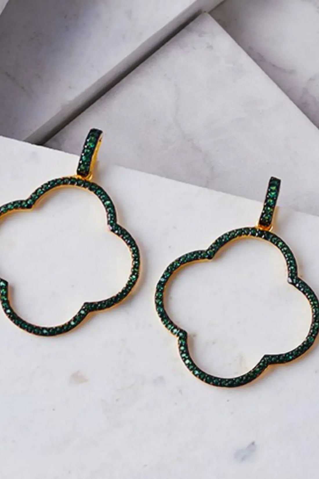 Open Clover Large Drop Earrings Green Gold-3