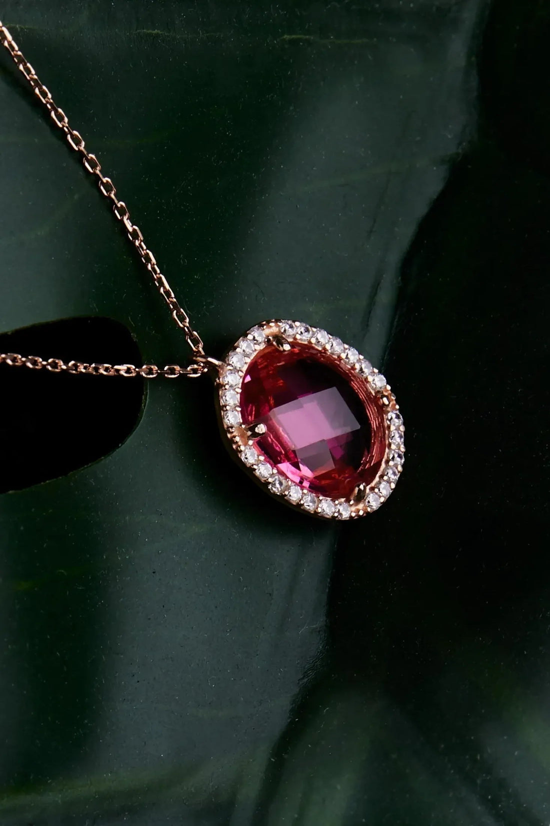 Beatrice Oval Gemstone Pendant Necklace Rose Gold Pink Tourmaline-4