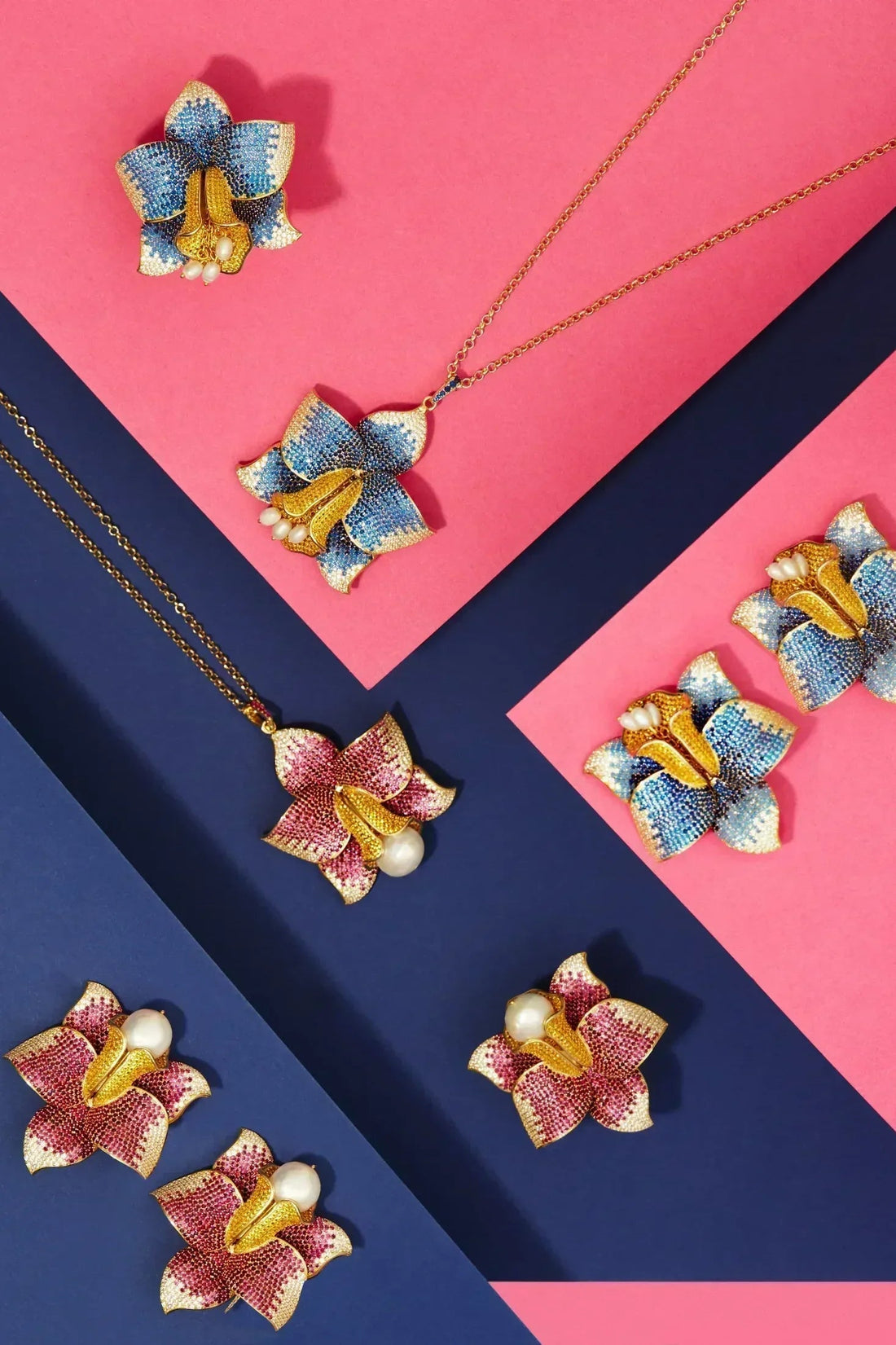 Assorted daffodil earrings with faux pearl drops and pink CZ accents on gold chains