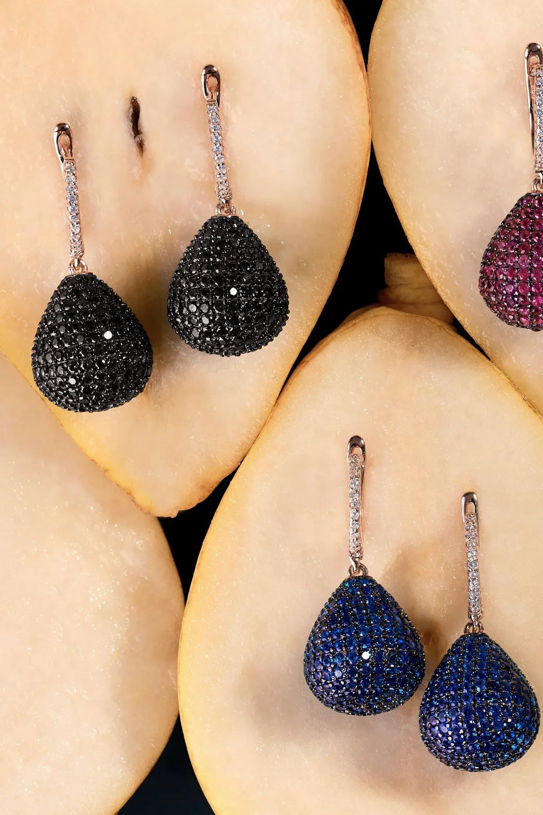 Teardrop pavé gemstone earrings with rose gold hooks in black and blue