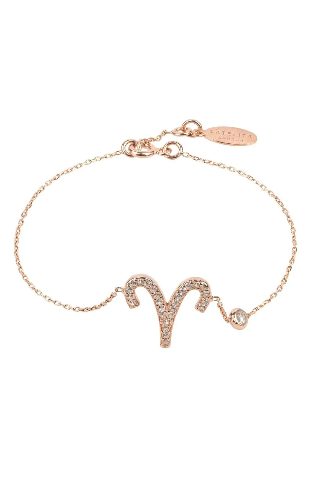 Aries zodiac star sign bracelet in rose gold with sparkling aries symbol charm and tag clasp