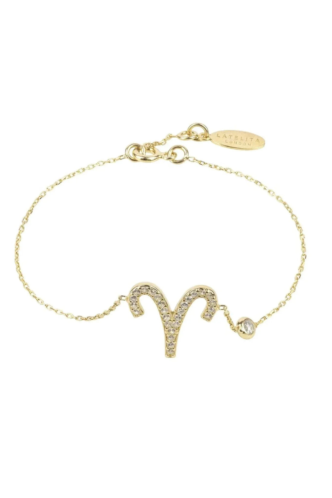 Aries zodiac star sign bracelet in gold tone with sparkling aries symbol charm and tag clasp