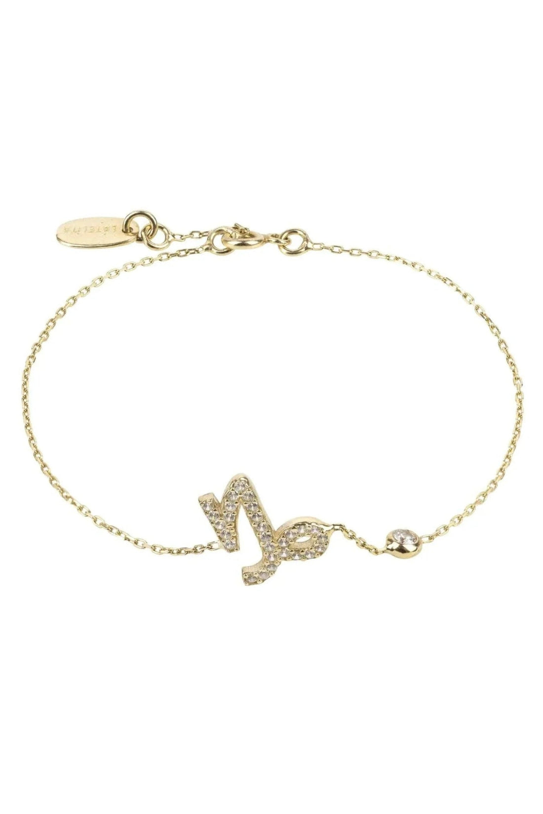 Gold Capricorn zodiac charm bracelet with glitter symbol and round clasp