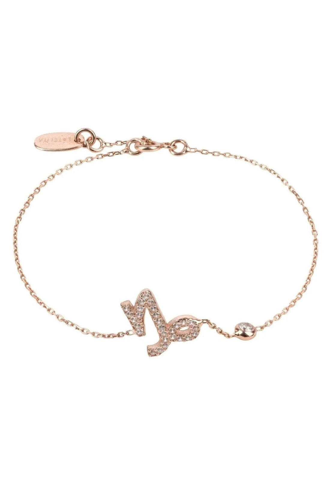Rose gold Capricorn zodiac charm bracelet with glitter symbol and round clasp