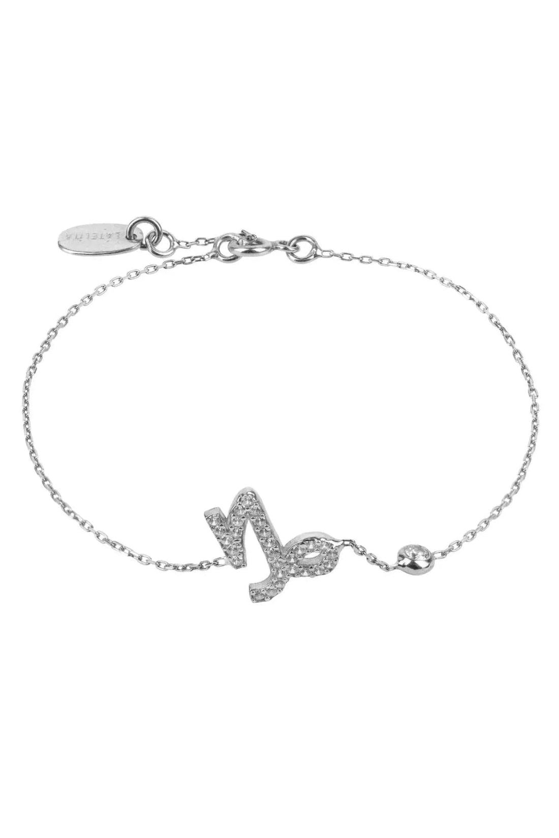 Silver Capricorn zodiac charm bracelet with glitter symbol and round clasp