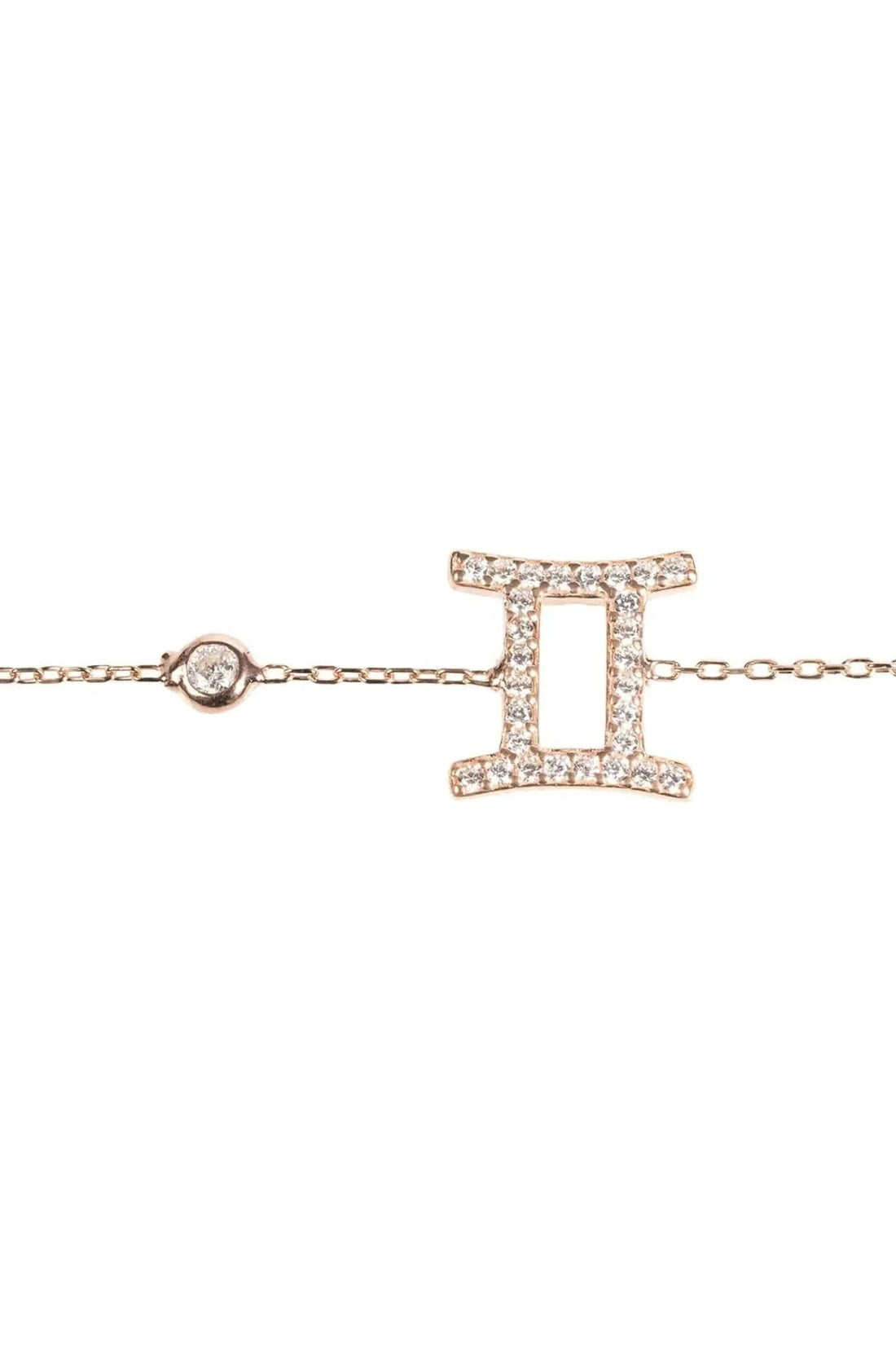 Gemini zodiac star sign bracelet with rose gold-tone chain and CZ “II” centerpiece