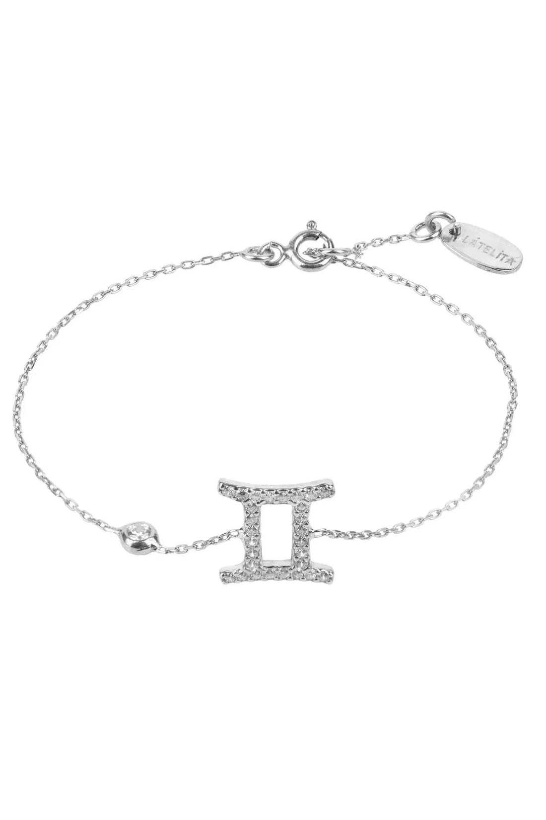 Gemini zodiac star sign bracelet with silver-tone chain and CZ “II” charm