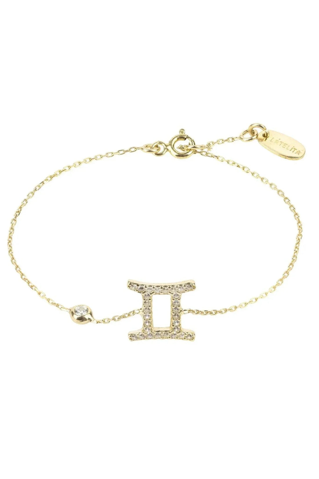 Gemini zodiac star sign bracelet with gold-tone chain and CZ “II” charm