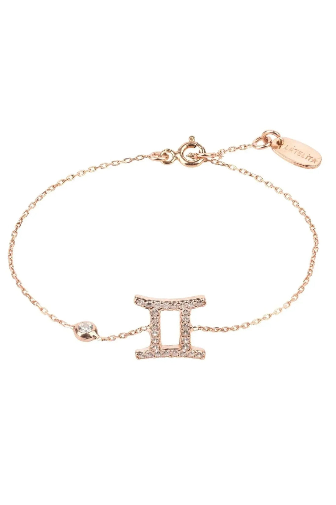 Gemini zodiac star sign bracelet with rose gold-tone chain and CZ “II” charm