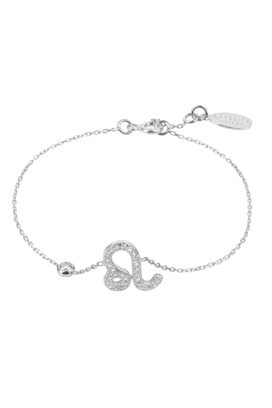 Silver Leo zodiac charm bracelet with link chain and adjustable tag clasp