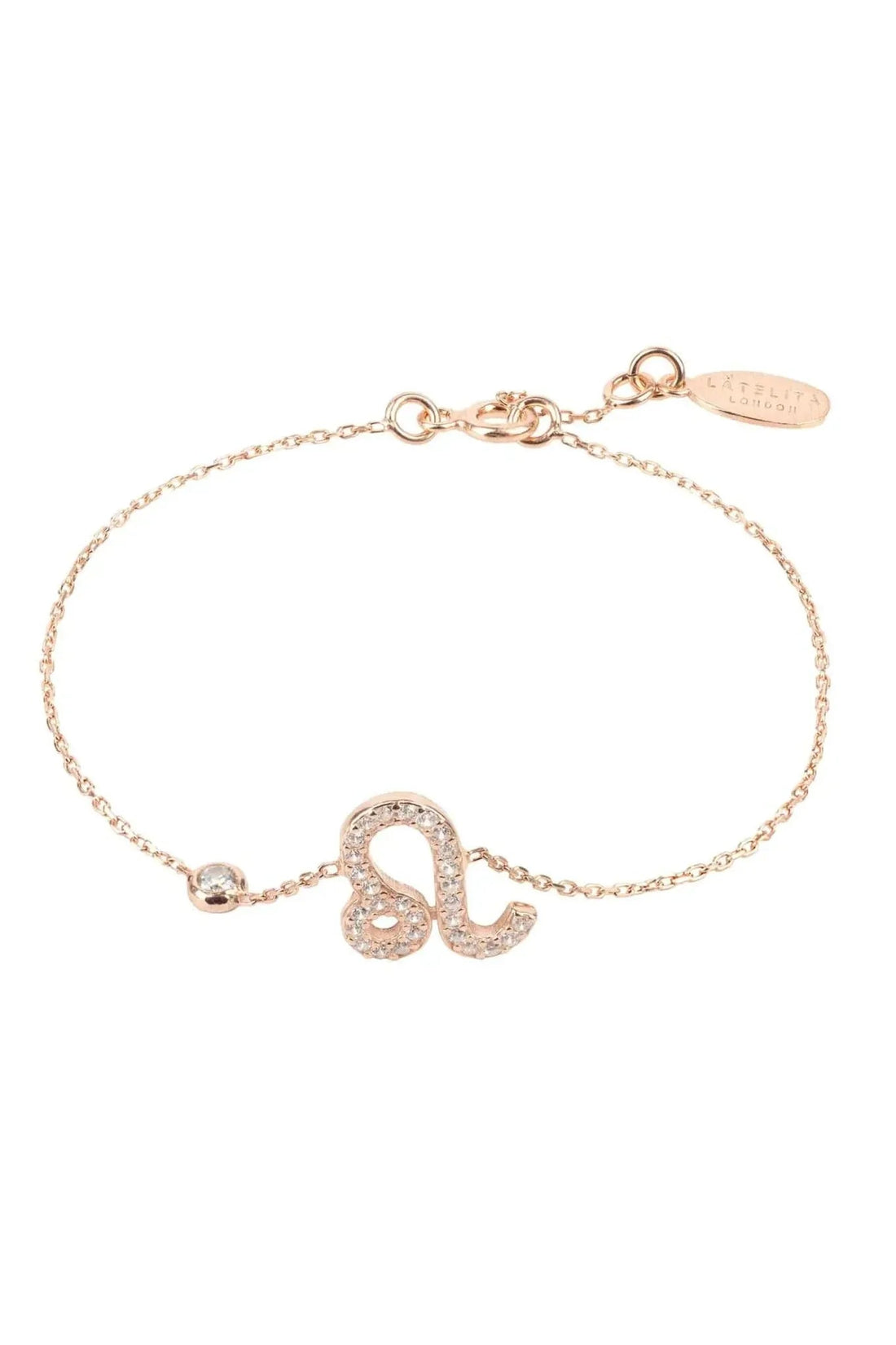 Rose gold Leo zodiac charm bracelet with link chain and adjustable tag clasp